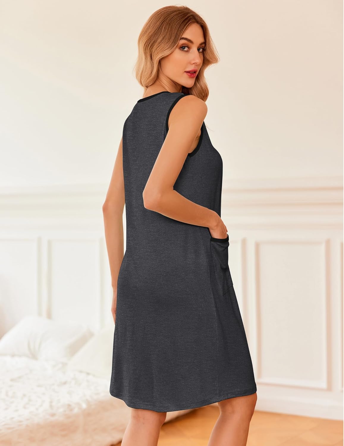Dark gray sleeveless button nightshirt with V-neck and pocket on side