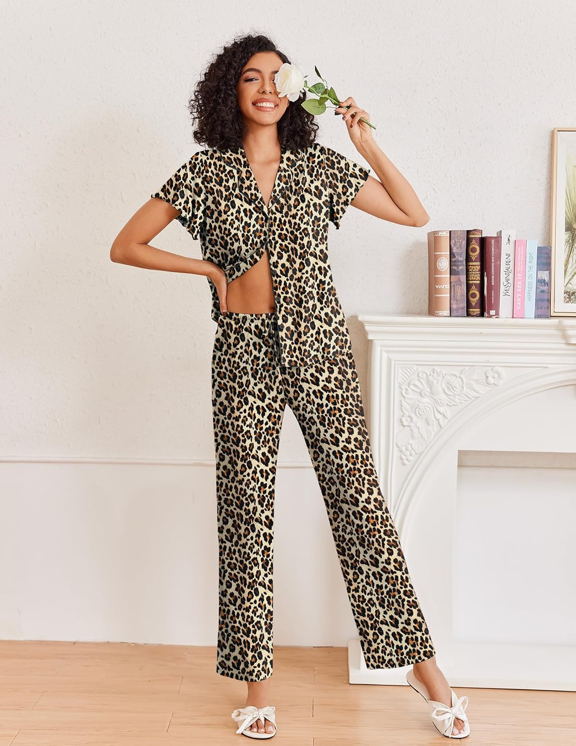 Leopard print pajama set with button-up top and matching wide-leg pajama pants