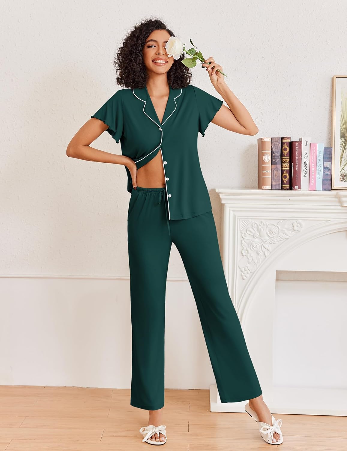 Emerald green button-up pajama set with button placket, short sleeves with piping, long pants