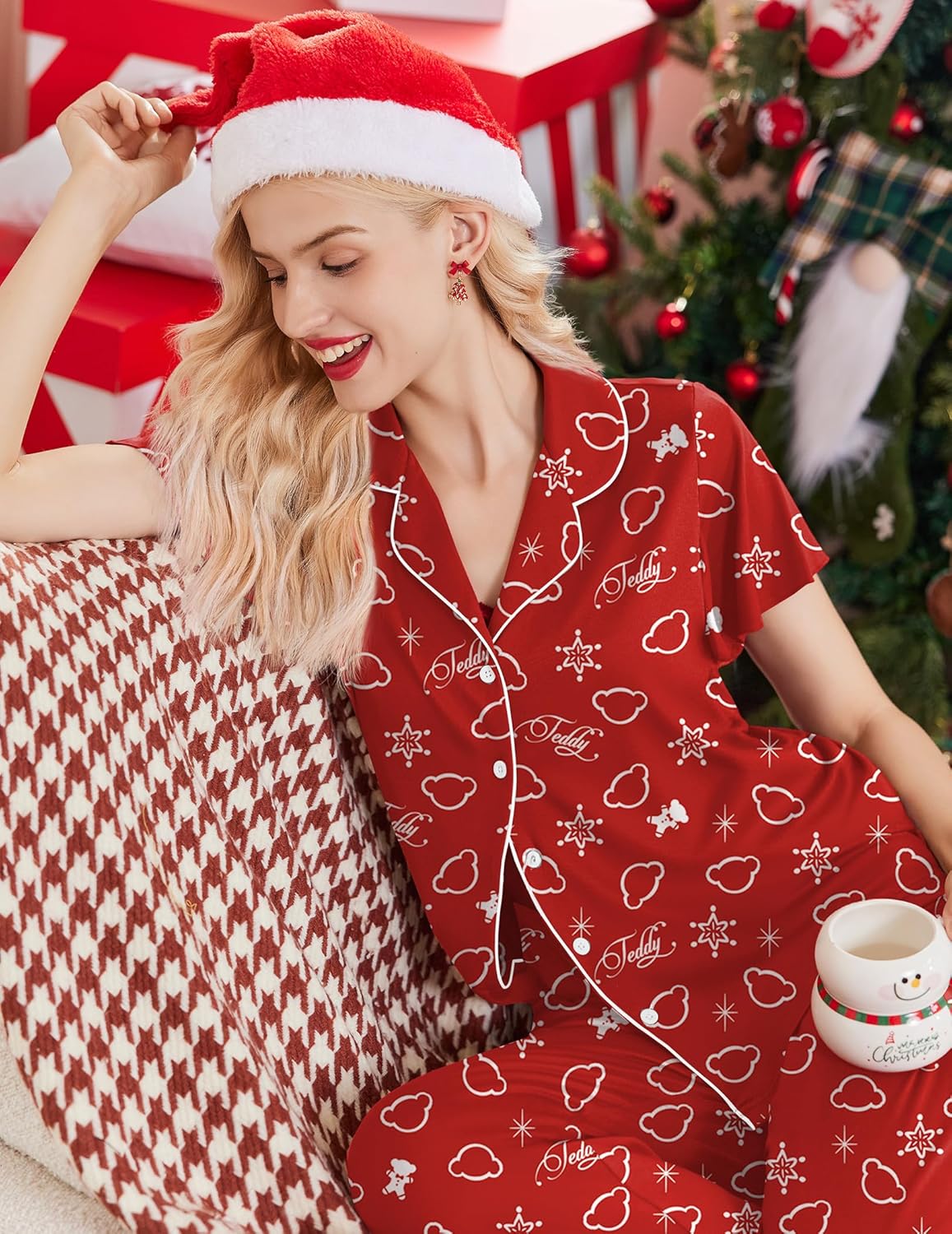 Red button-up pajama set with short sleeves and collar, holiday teddy print
