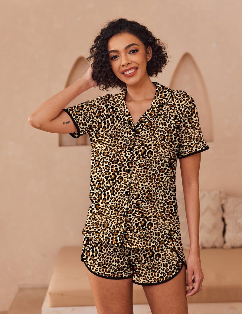 Leopard-print pajama set with short-sleeve button-up top and matching shorts
