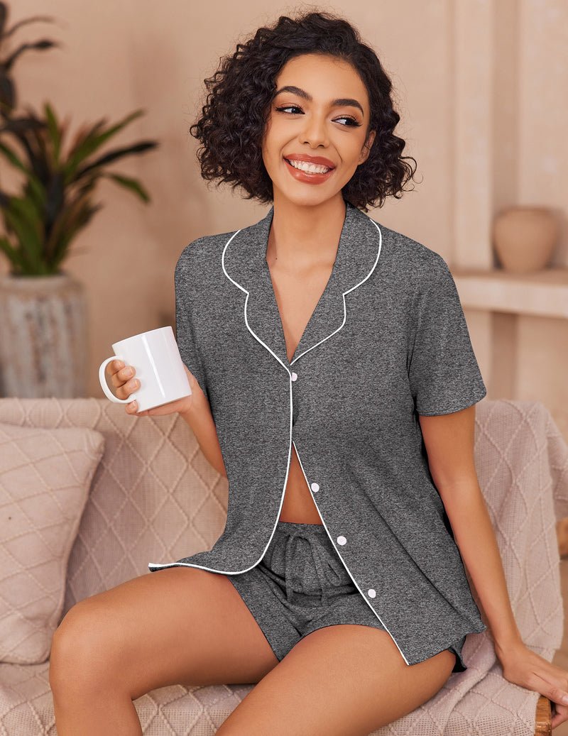 Dark gray button-up pajama set with short sleeves, white trim, matching shorts