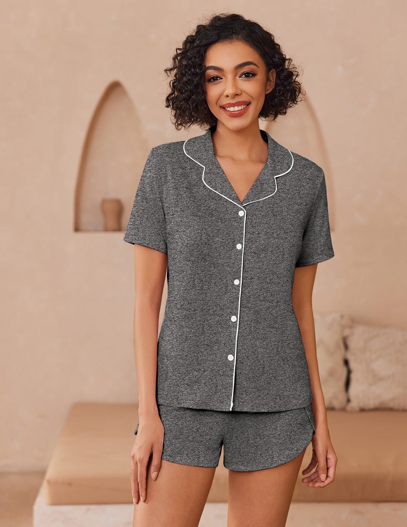 Dark gray button-up pajama set with collar piping and matching shorts