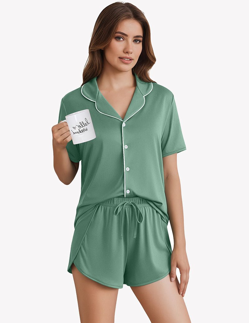 Light Green lounge set: button-front short-sleeve shirt with drawstring waist shorts