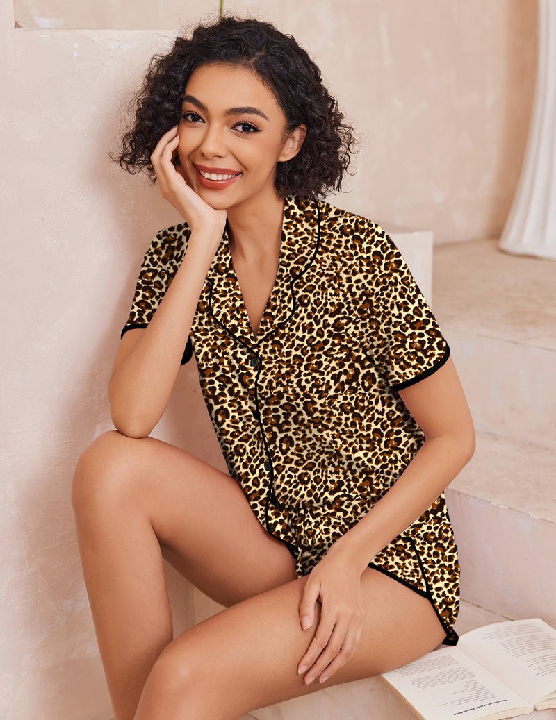 Leopard-print button-up pajama set with matching shorts, short sleeves