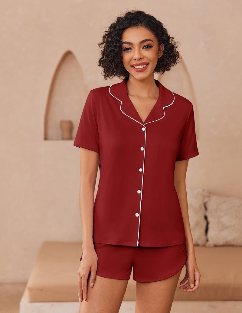 Wine-red button-up pajama set with white piping, short-sleeve top and shorts