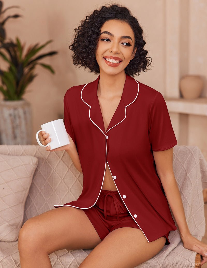 Wine-red button-up pajama set with white trim, short-sleeve top and shorts