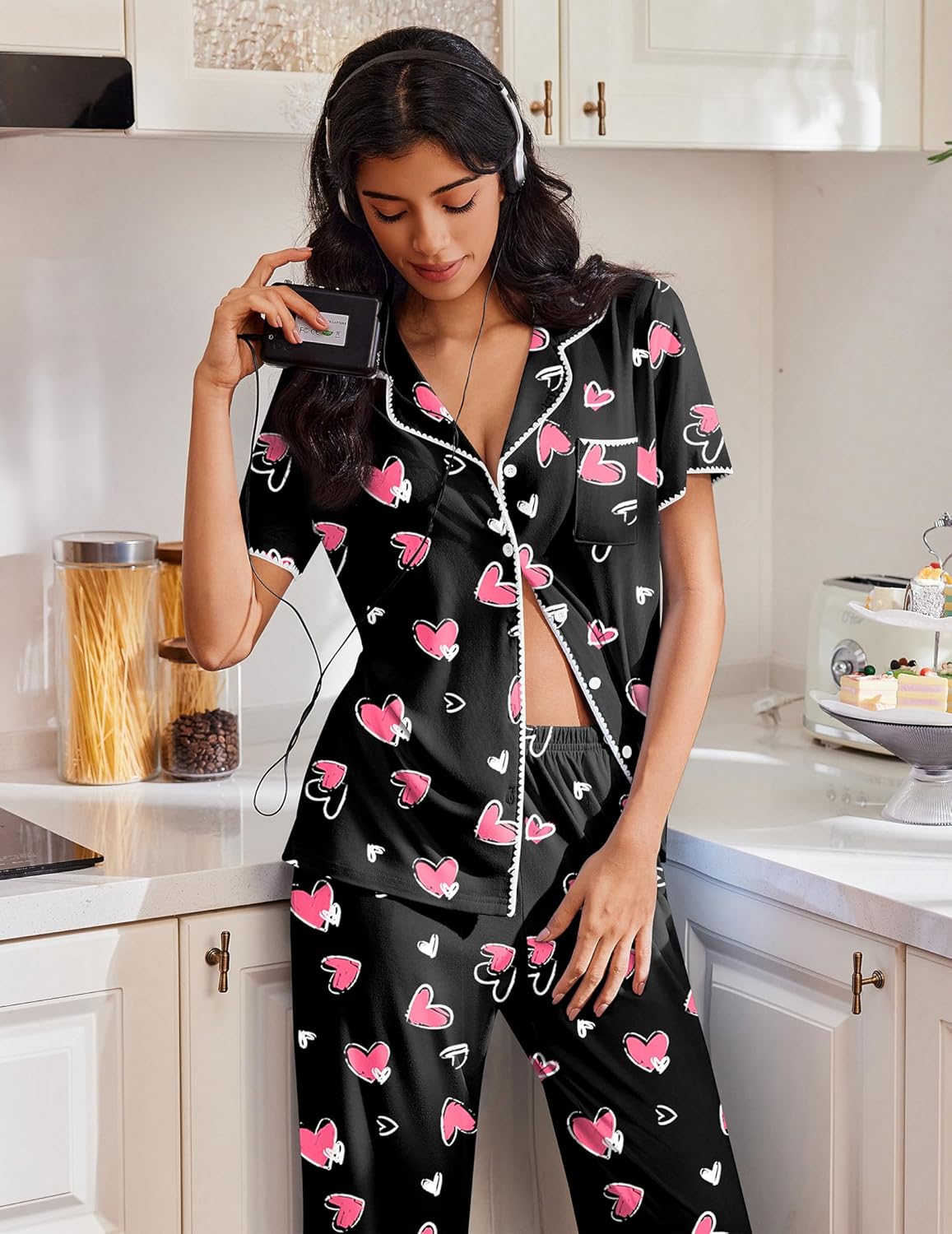 Button-up short sleeve pajama set, black with pink heart pattern and trim