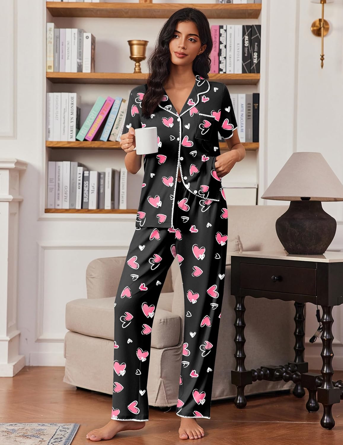 Button-up short sleeve pajama set, black with pink heart print