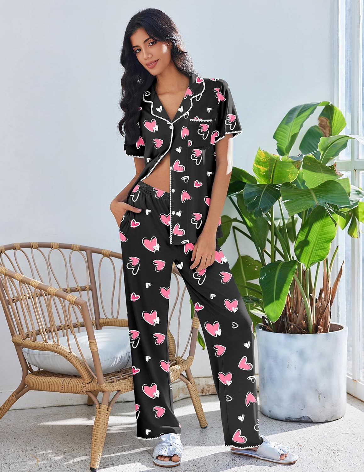 Short sleeve pajama set, white with colorful floral and leaf print