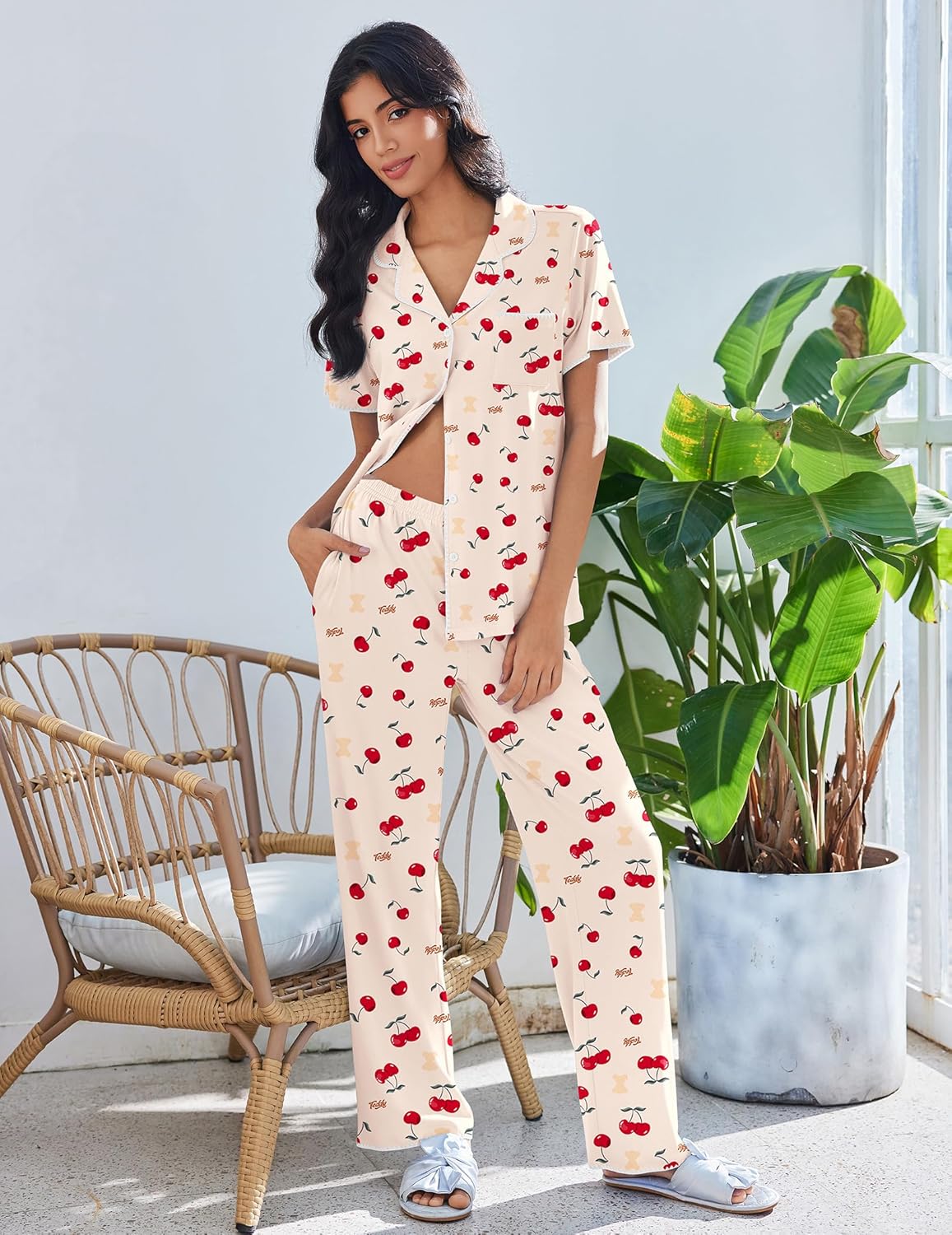 White pajama set with red cherries, short sleeve top and full-length matching pants