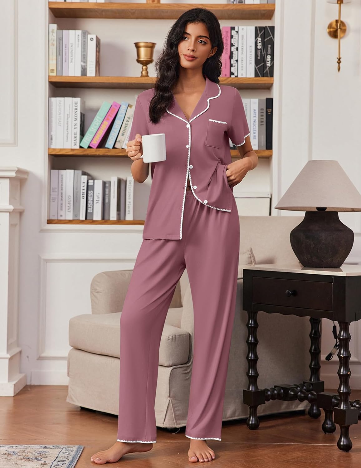 Fliederfarbenes Button-up Kurzarm Pyjama-Set, 2-teilig mit Hose und Brusttasche