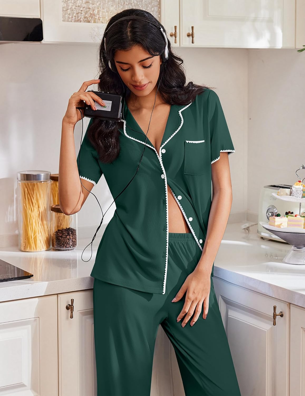 Ekouaer green button-up short sleeve pajama set with matching drawstring shorts