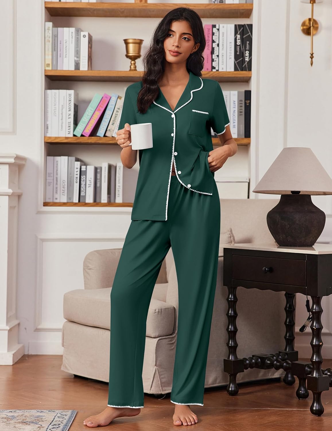 Grünes Button-up Kurzarm Pyjama-Set, 2-teilig mit langer Hose und Knopfleiste