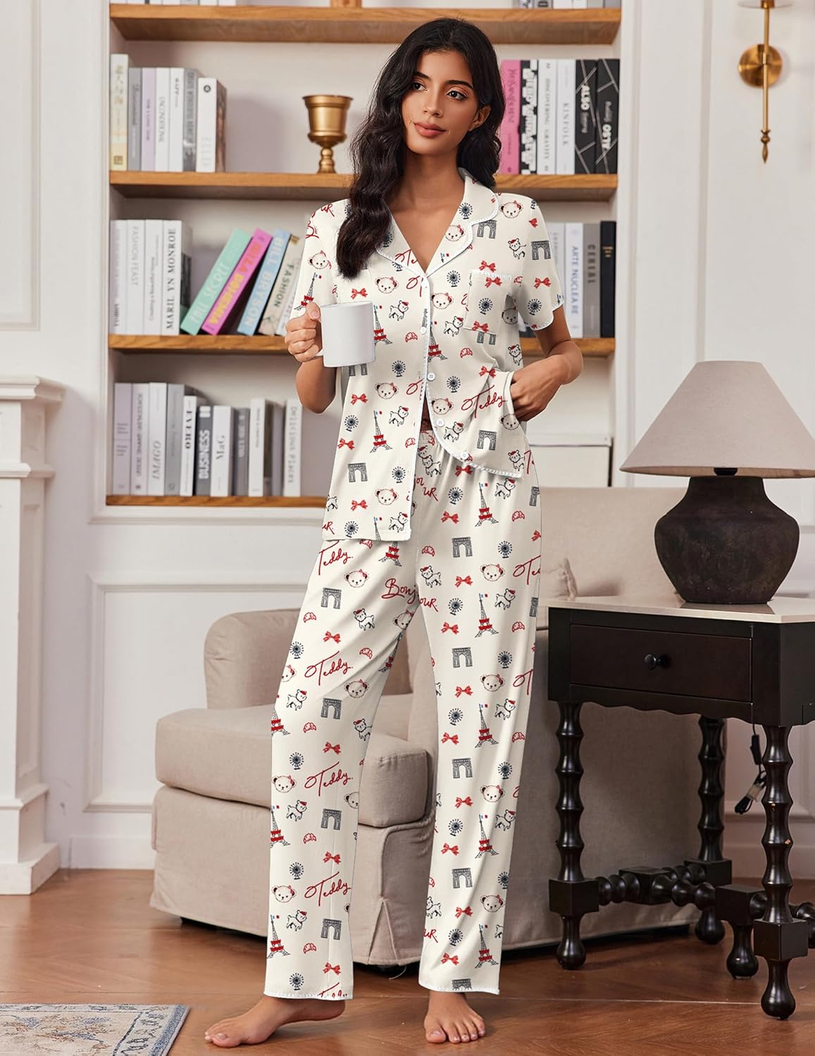 Button-up pajama set, white with cute animal and Bonjour-style motif