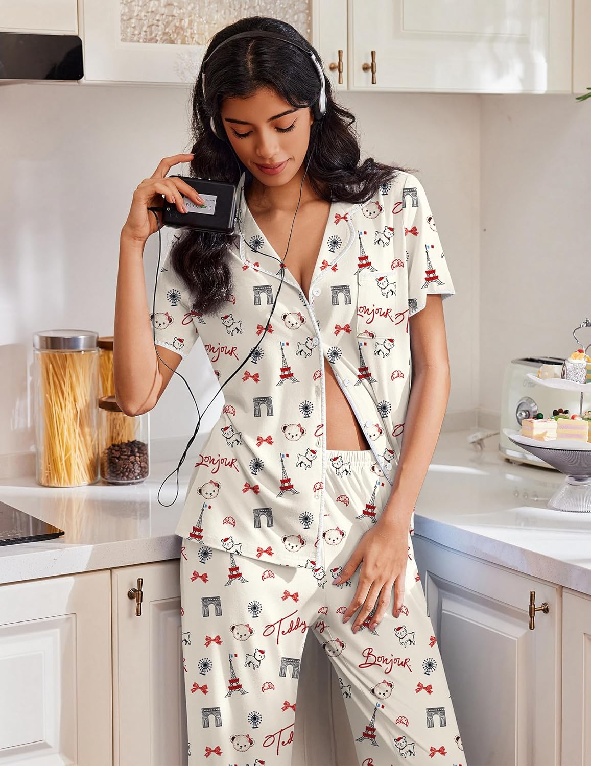 White short sleeve pajama set with cartoon print, V-neck button front