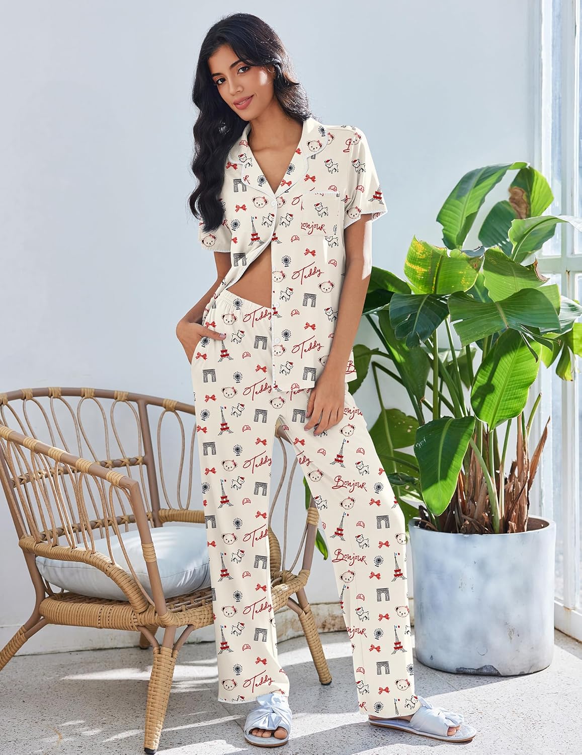 Short sleeve pajama set, white with cartoon print and button front