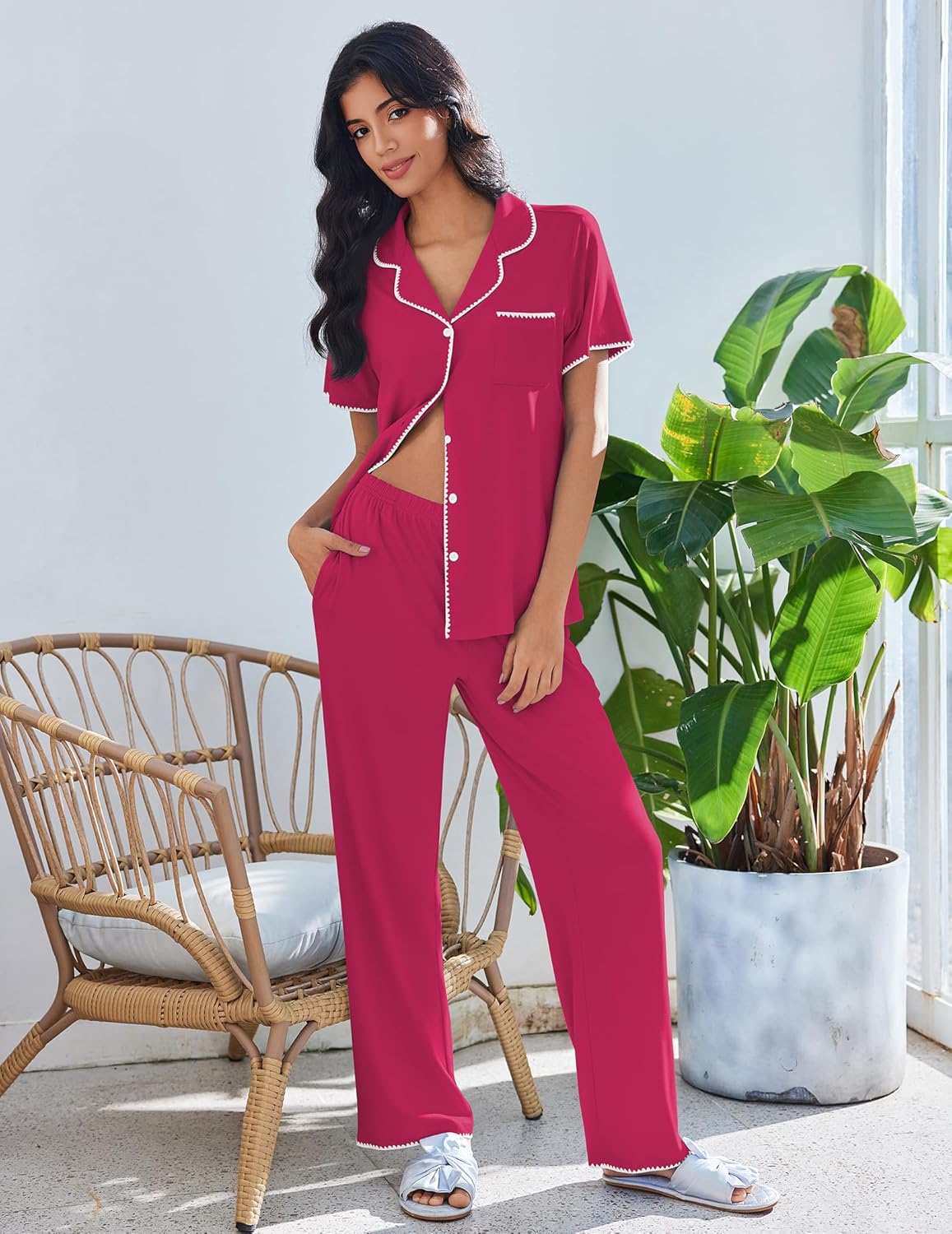 Dark red button-up short sleeve lounge set with white piping on top and pants