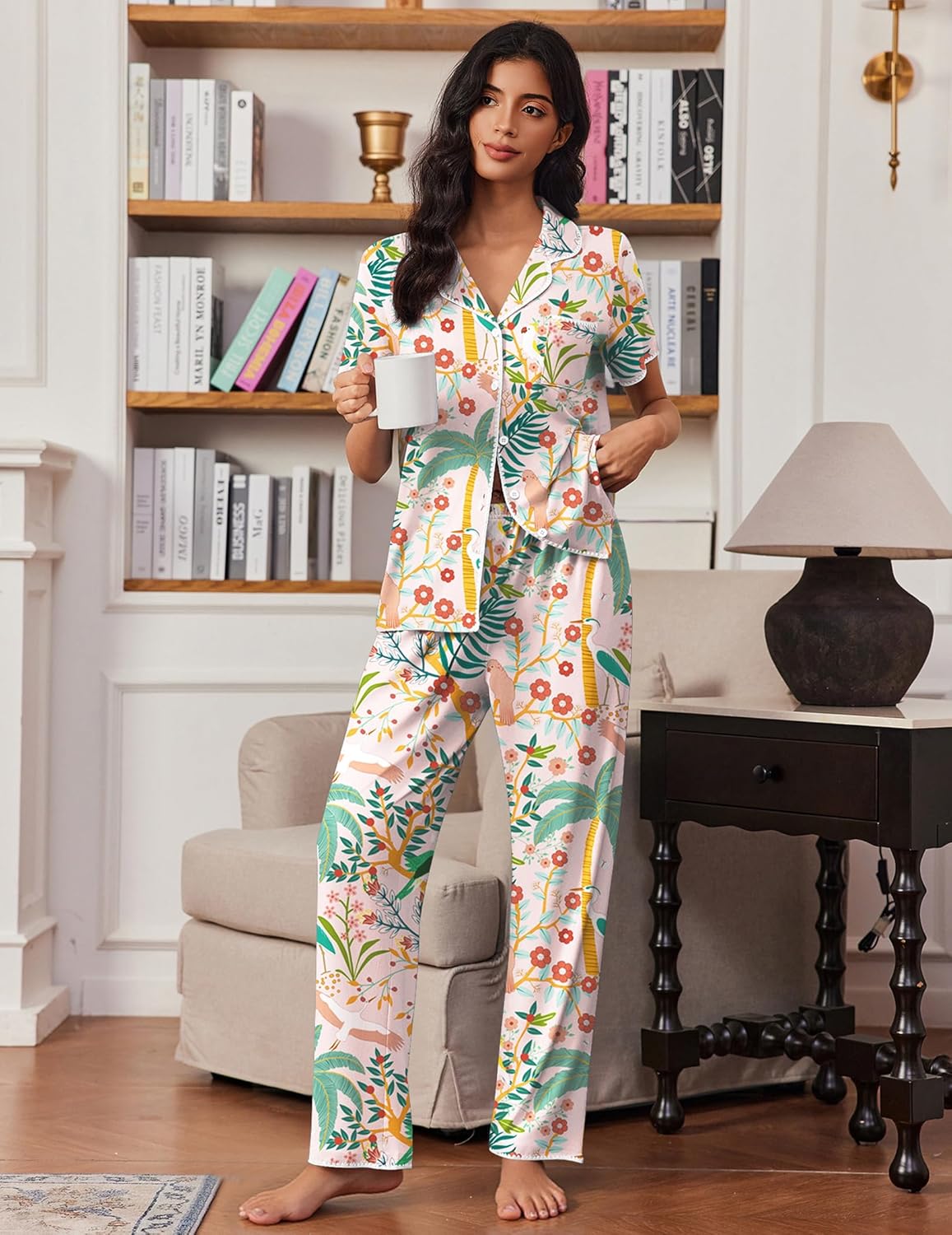 Short sleeve pajama set, white with colorful floral and foliage print