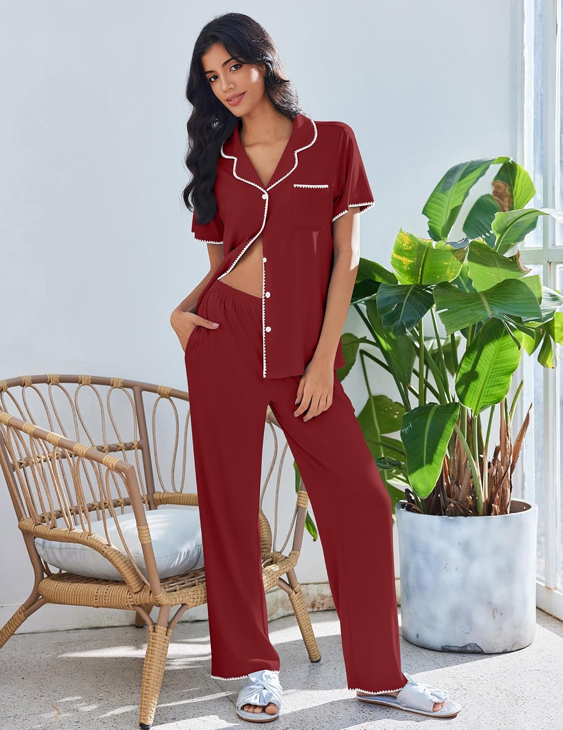 Deep red button-up short sleeve lounge set with white piping, matching long pants