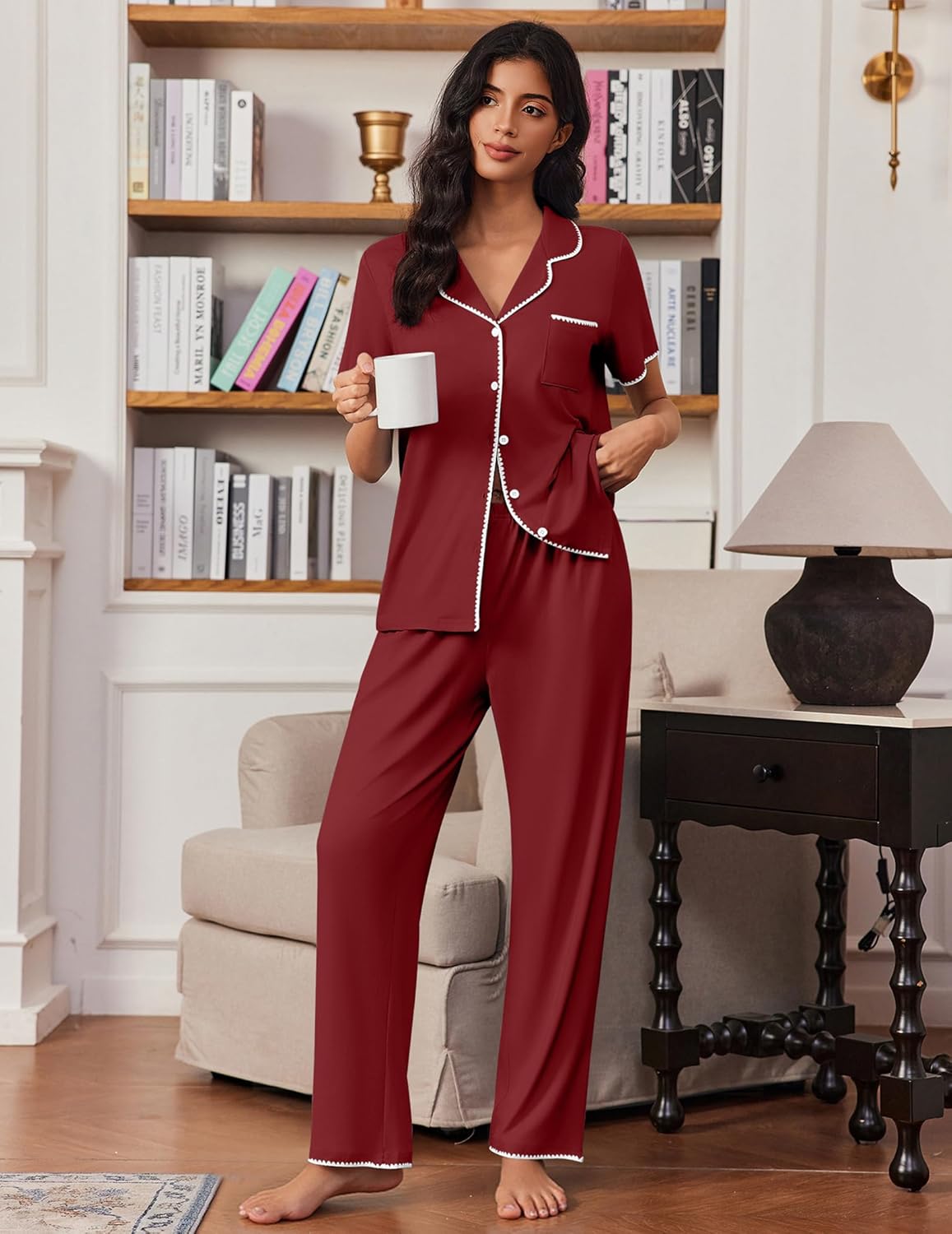 Deep red button-up short sleeve pajama set with white-trimmed pocket and matching pants