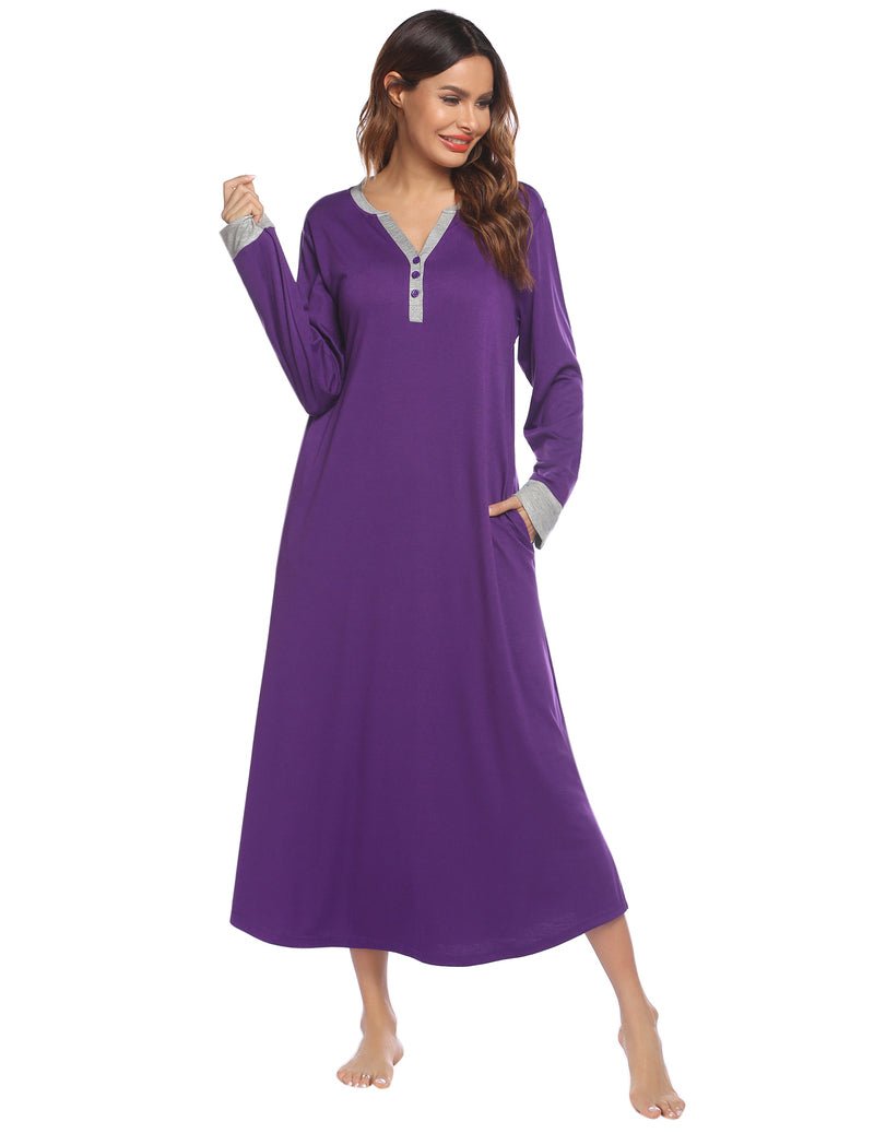 Solid purple sleep shirt dress with V-neck buttons and long sleeves, side pockets