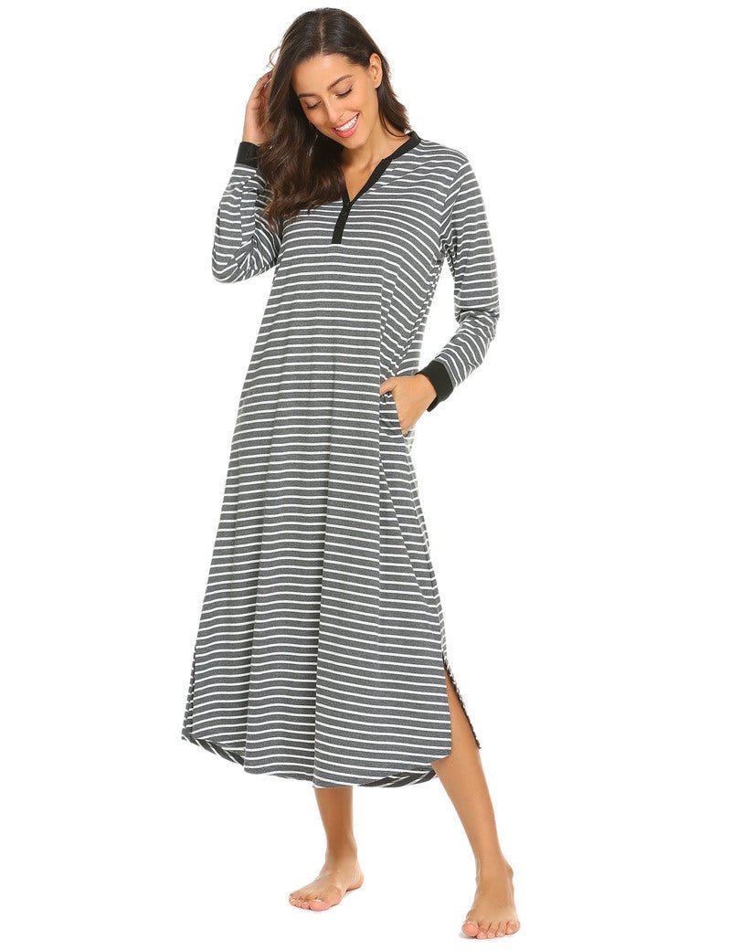 Striped v-neck sleep shirt dress with long sleeves, grey-and-white stripes, button front