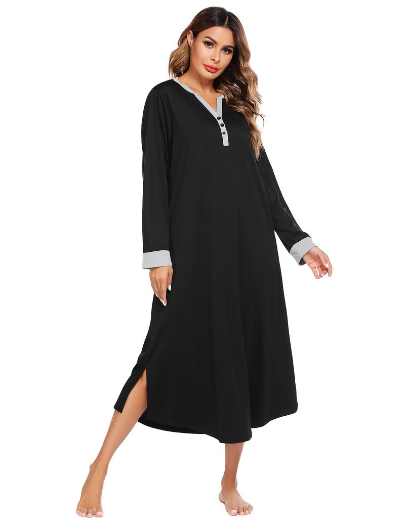 Black long sleep shirt with V-neck button placket and cuff contrast trim