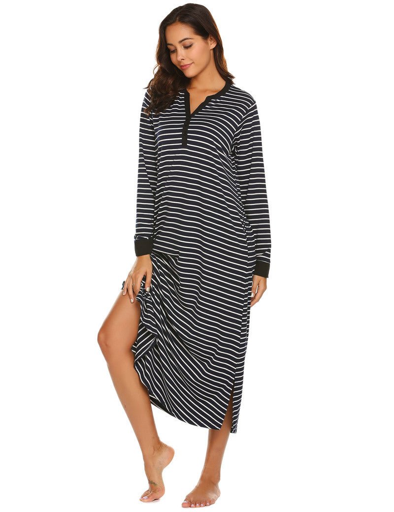 Black-and-white striped nightgown with V-neck button front, long sleeves, side slit