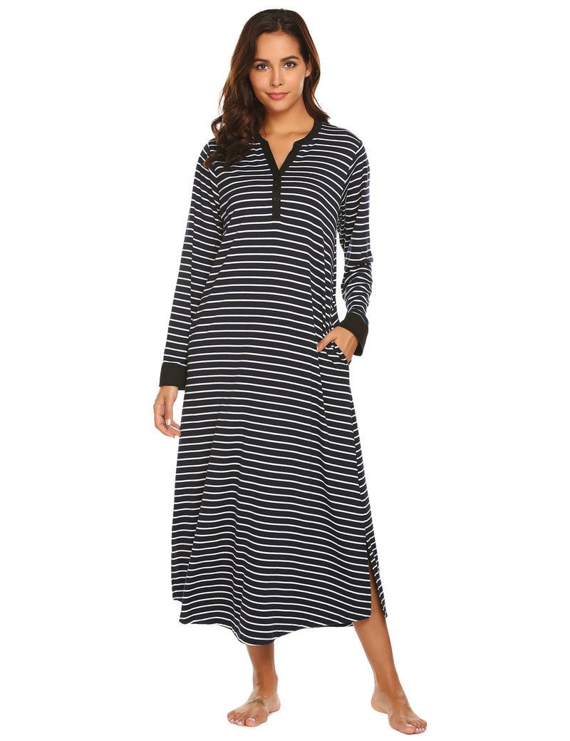 Full-length black-and-white striped sleepshirt with V-neck, long sleeves, side slit