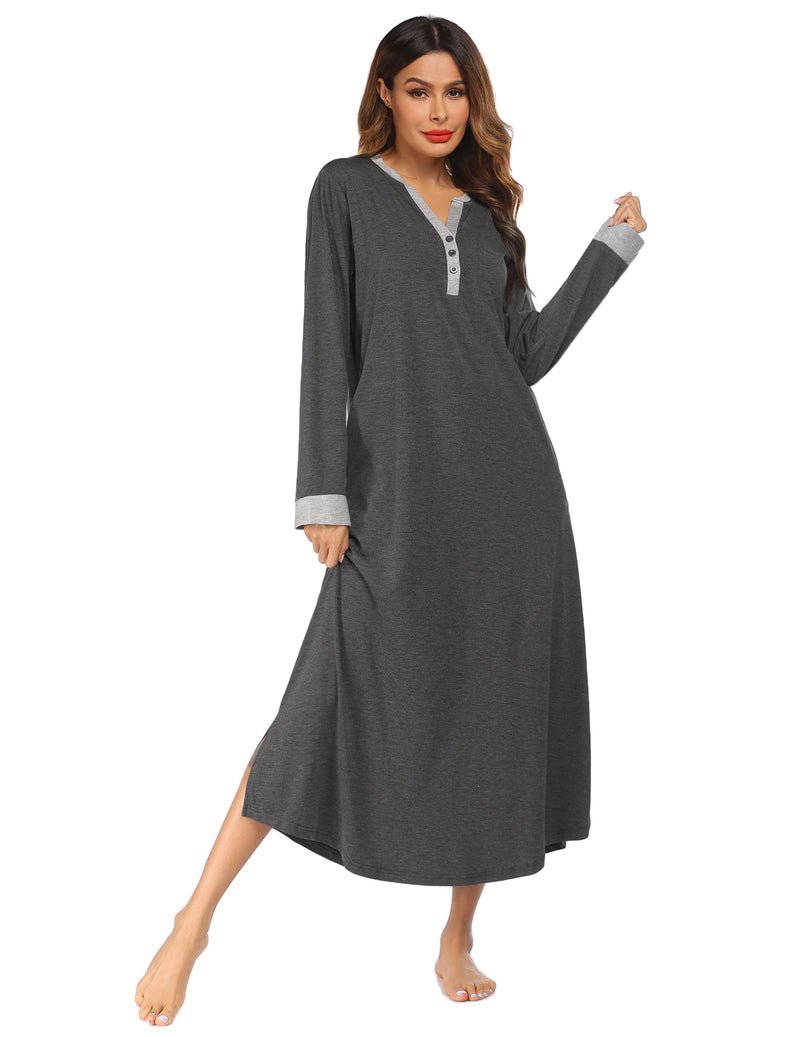 Heather gray long sleep shirt with V-neck buttons and side slit hem