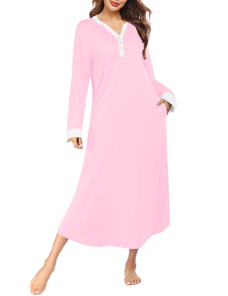 Light pink long sleep shirt with V-neck button placket and contrast cuffs