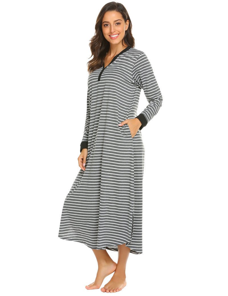 Striped sleep shirt dress, grey-and-white stripes, V-neck button placket, side pockets