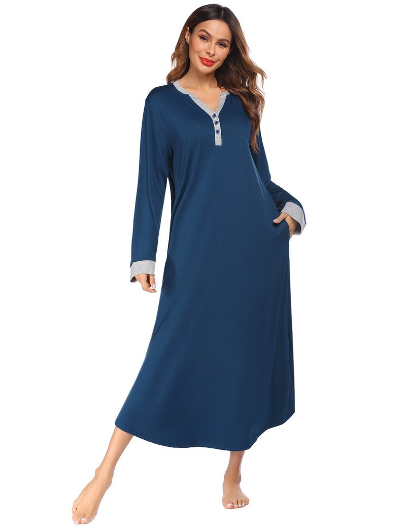 Navy blue long sleep shirt with V-neck button front and contrast cuff trim