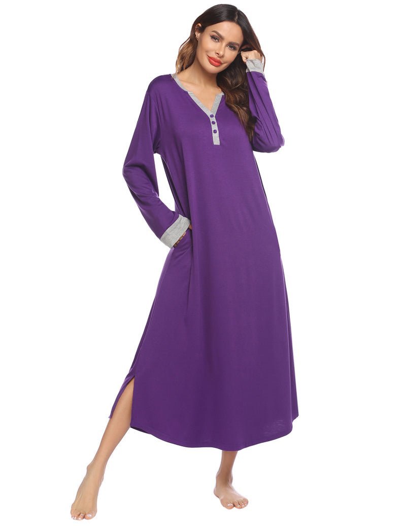 Purple long-sleeve sleep shirt dress with V-neck button placket and side slit