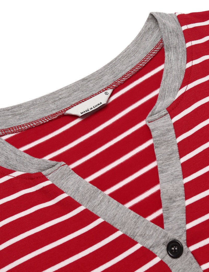 Red-and-white striped sleepshirt with V-neck, button placket, gray trim