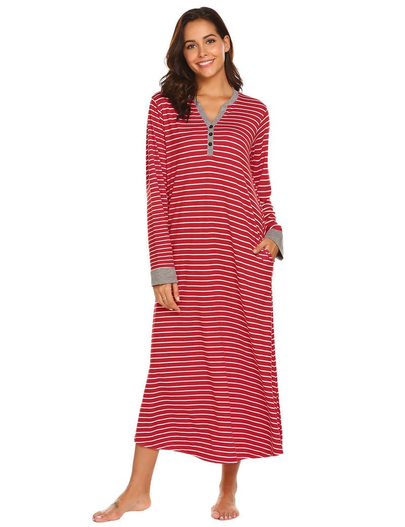 Red-and-white striped sleep shirt dress with V-neck button front and long sleeves