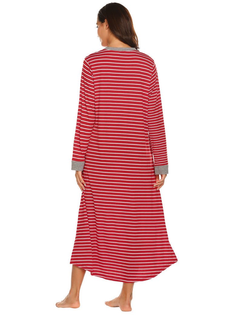 Back view of red-and-white striped sleep shirt dress with long sleeves and side slit