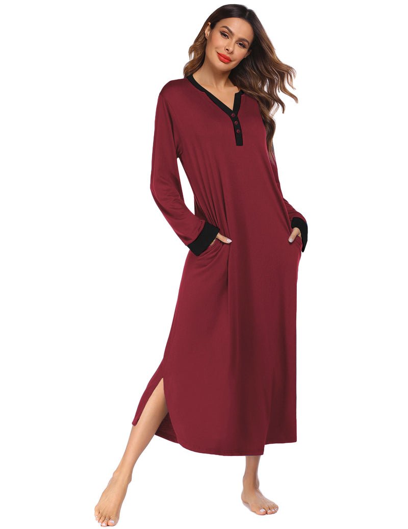 Wine-red long-sleeve sleep shirt dress with V-neck button placket and side pockets