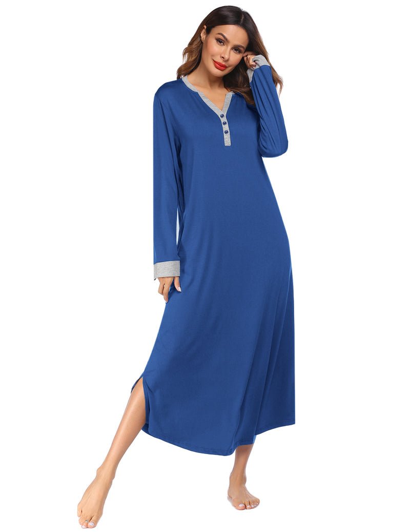 Solid blue sleep shirt dress with V-neck button placket, long sleeves, side slit hem
