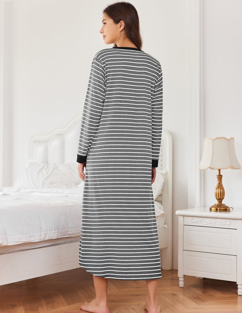Back view: grey-and-white striped V-neck button front long sleep shirt