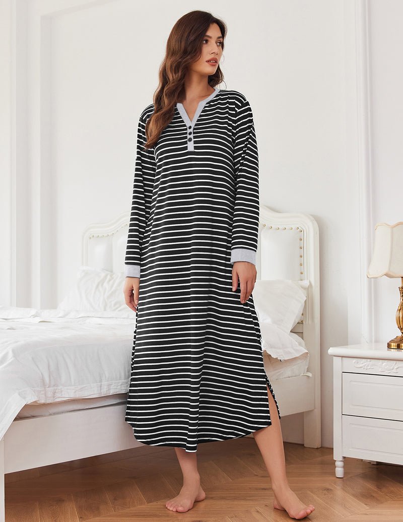 Black-and-white striped V-neck button front long sleep shirt