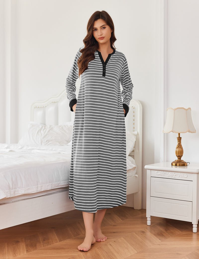 Grey-and-white striped V-neck button front long sleep shirt, full length