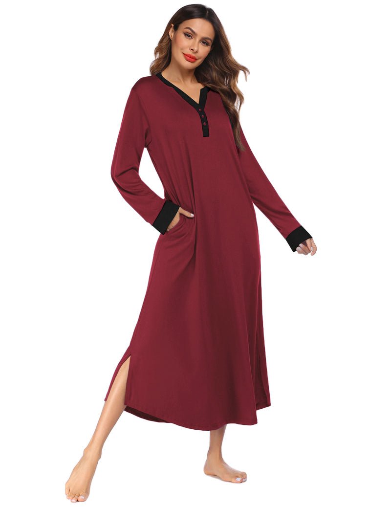 Wine-red sleep shirt dress with V-neck buttons, long sleeves, and side slit hem