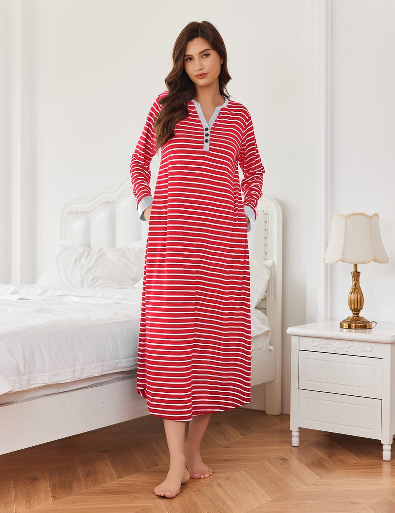 Red-and-white striped V-neck button front long sleep shirt, long sleeves