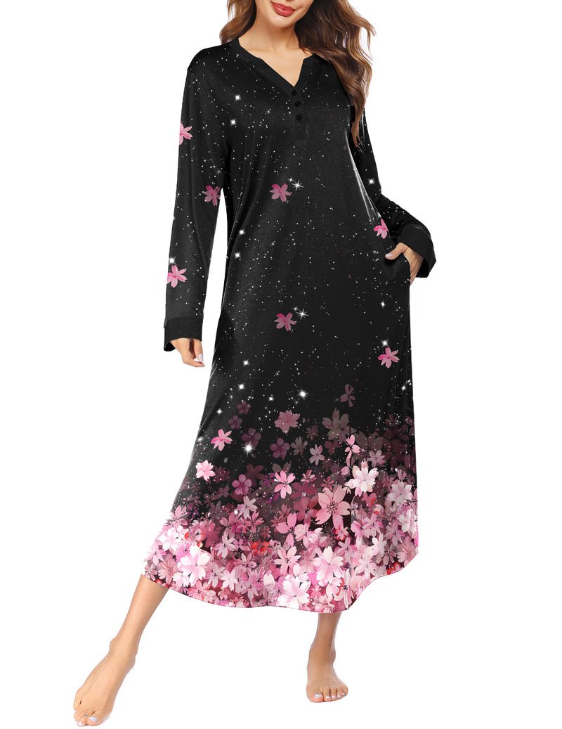 Black V-neck button nightshirt, long sleeves, full length, pink floral speckled print