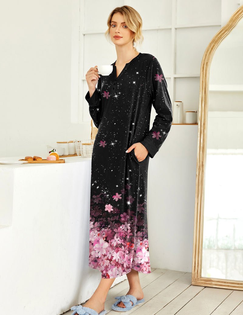 Black V-neck button nightshirt, long sleeve, full length, pink floral and star pattern