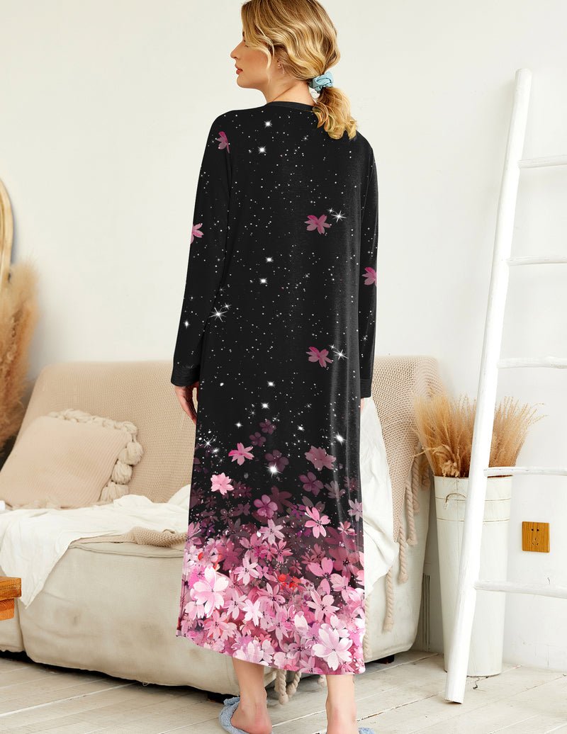 Black V-neck button nightshirt, long sleeve, full length, pink floral star print