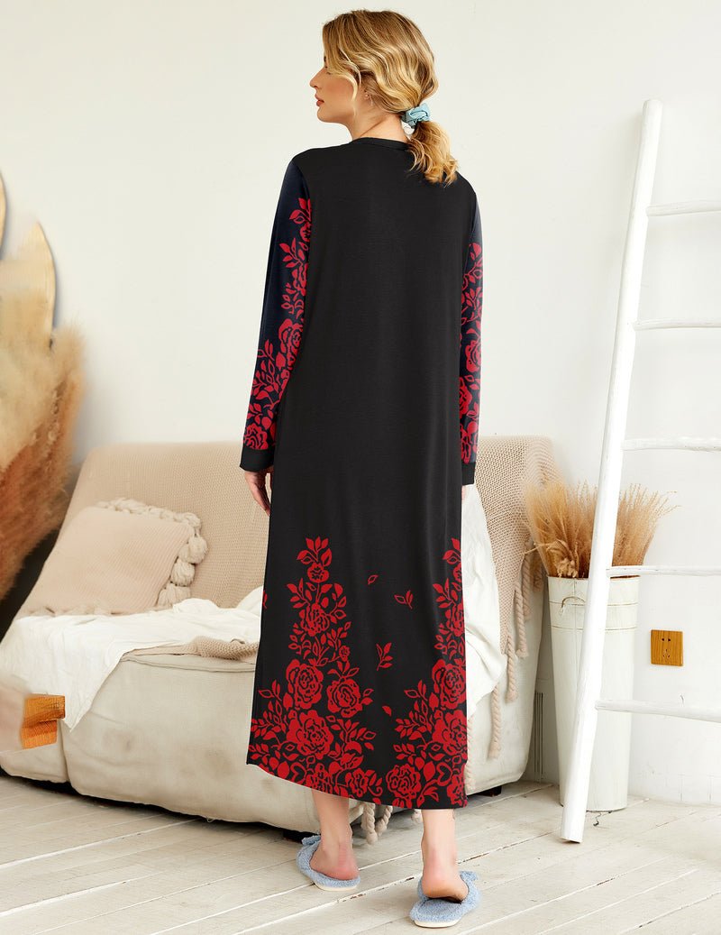 Back view: black long nightshirt with red floral border print, button V-neck