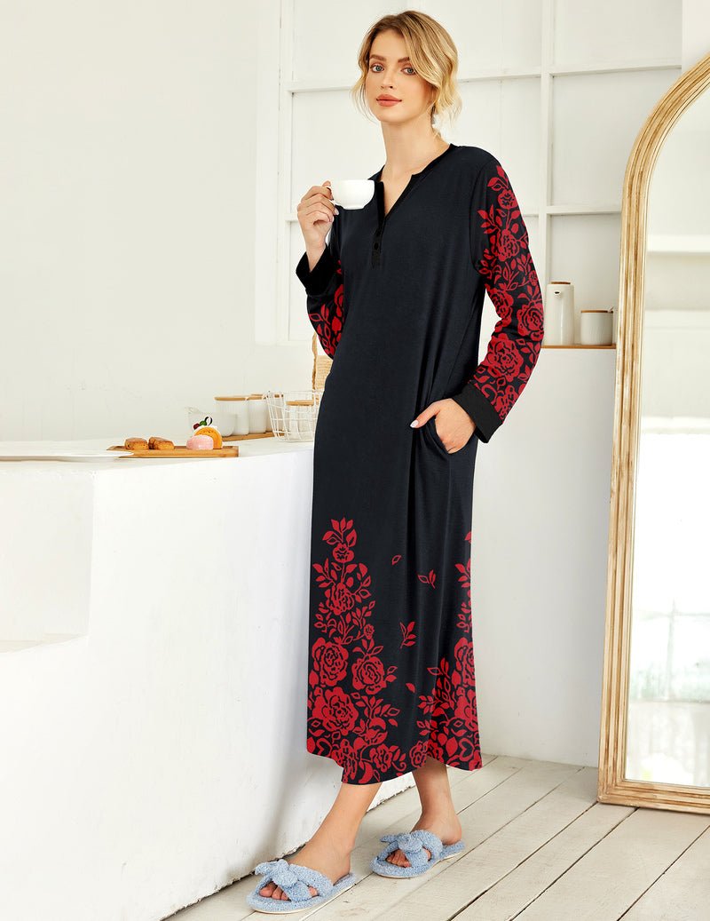 Black button V-neck nightshirt with red floral print and side pockets, long sleeves